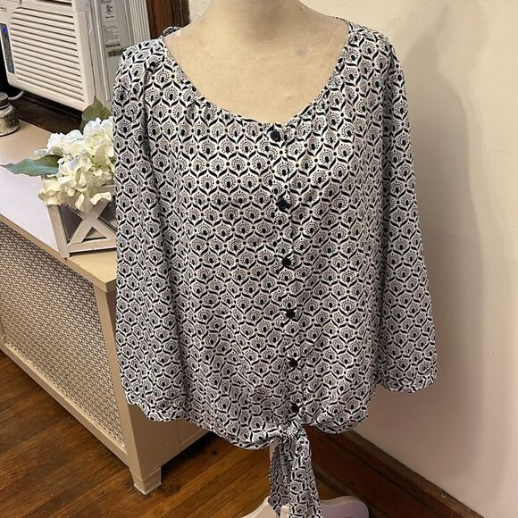 Alex Marie navy white button front tie waist long sleeve blouse Size XL EUC - Picture 2 of 11